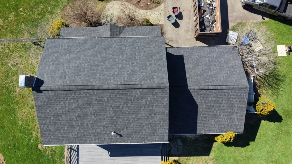 Aerial view of shingle roof installation