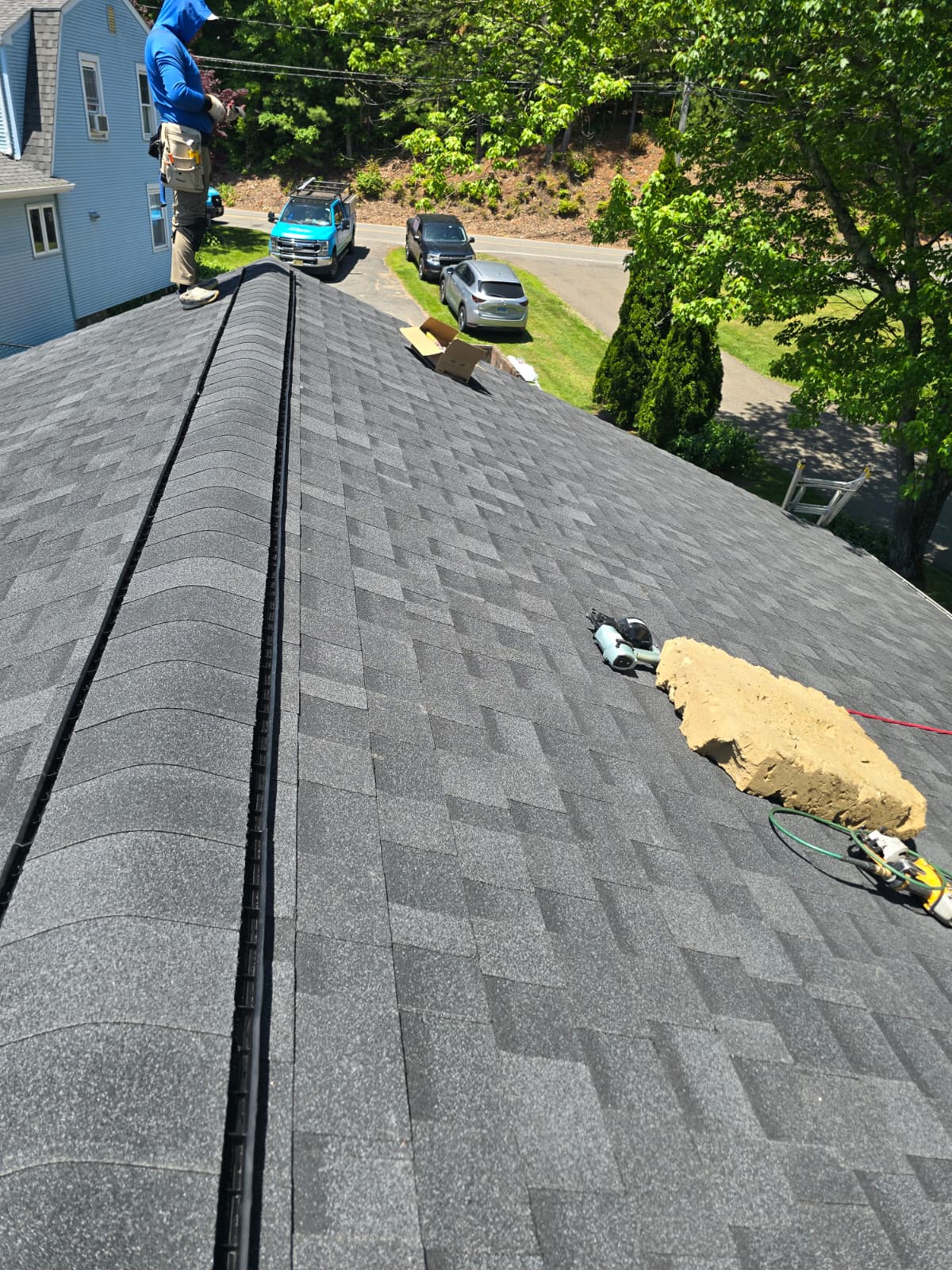 Architectural shingles with ridge vent detail